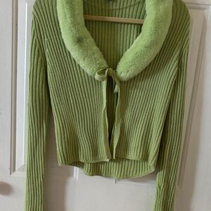 wild fable Light Green Ribbed Cardigan with Faux Fur Collar